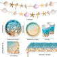 Ocean Beach Party Supplies Tableware with Seashell Paper Plates Napkins Cups Tablecloth Banner for Beach Themed Party Decorations, Serves 24