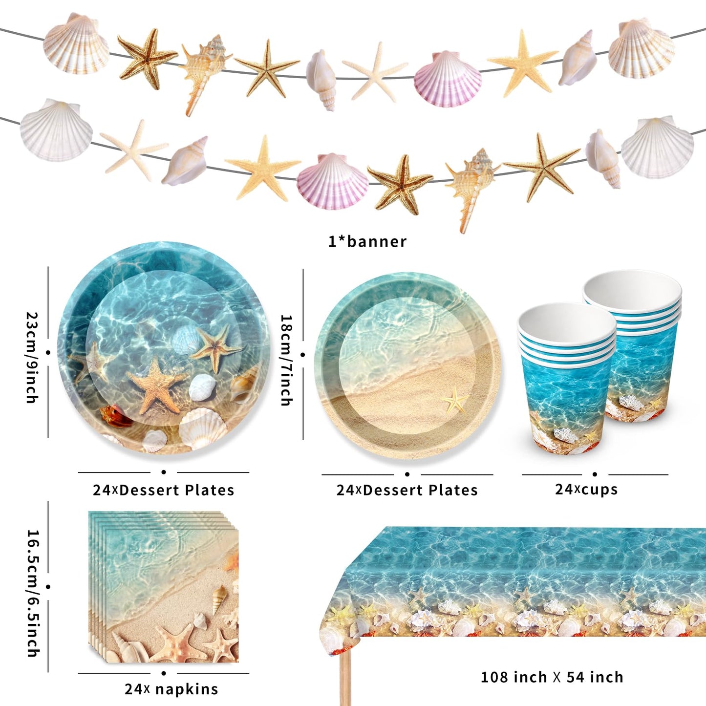 Ocean Beach Party Supplies Tableware with Seashell Paper Plates Napkins Cups Tablecloth Banner for Beach Themed Party Decorations, Serves 24