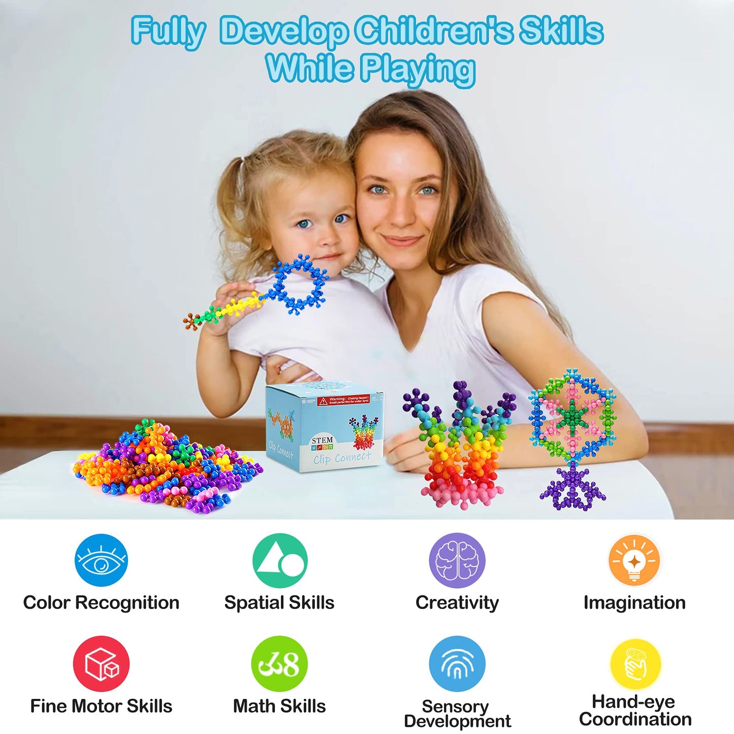 Chichalk Clip Connect 120 Piece Building Blocks | Diameter 1.26", STEM Building Toys Set Kindergarten Math Manipulatives for Kids Boys Girls