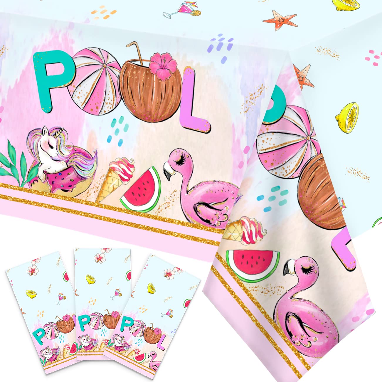 Zhynice Summer Pool Party Decorations Flamingos Unicorns Tablecloth Disposable Waterproof Plastic Pool Party Table Covers for Luau Hawaiian Summer
