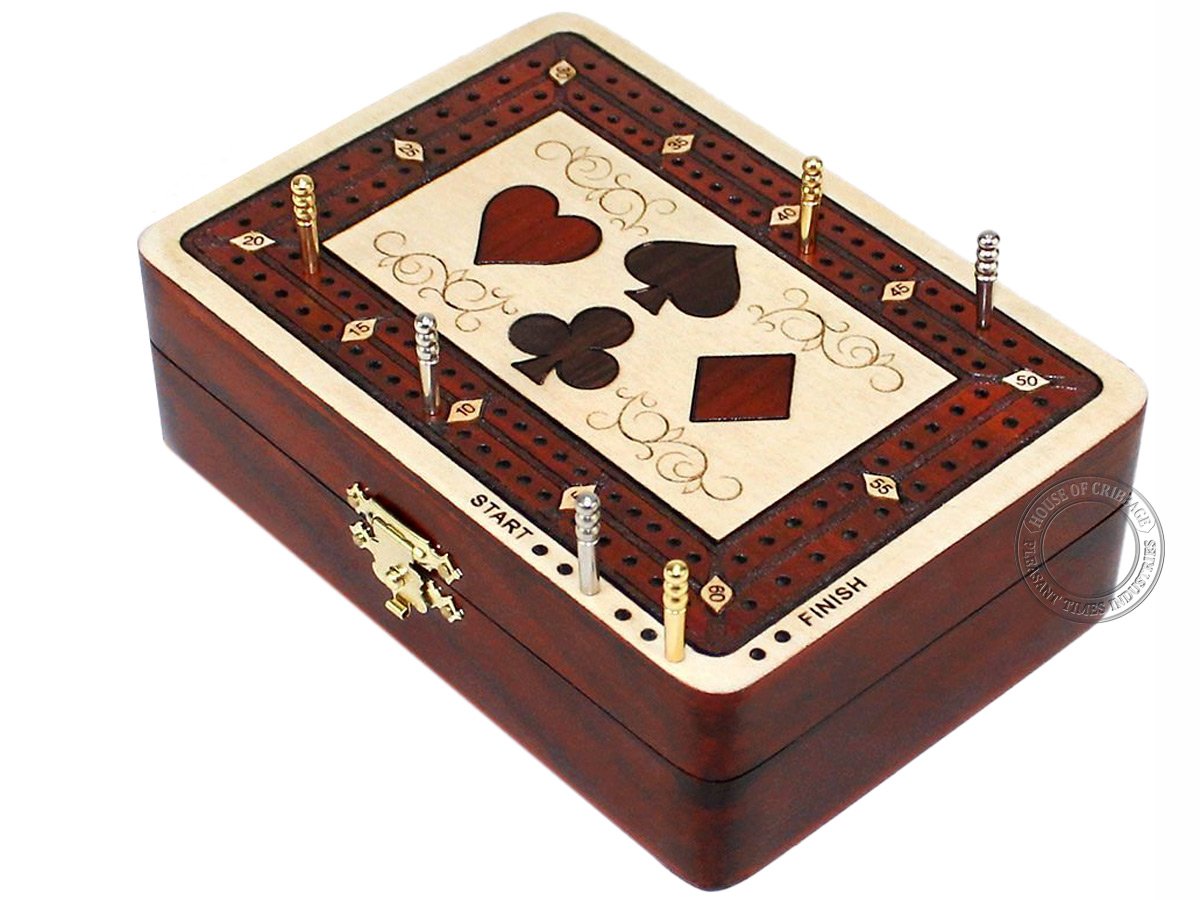 House of Cribbage - 2 Track - Wooden Cribbage Board / Box - Inlaid in Maple Wood / Bloodwood - Storage for Pegs & One Deck of Cards - 60 Points - Non