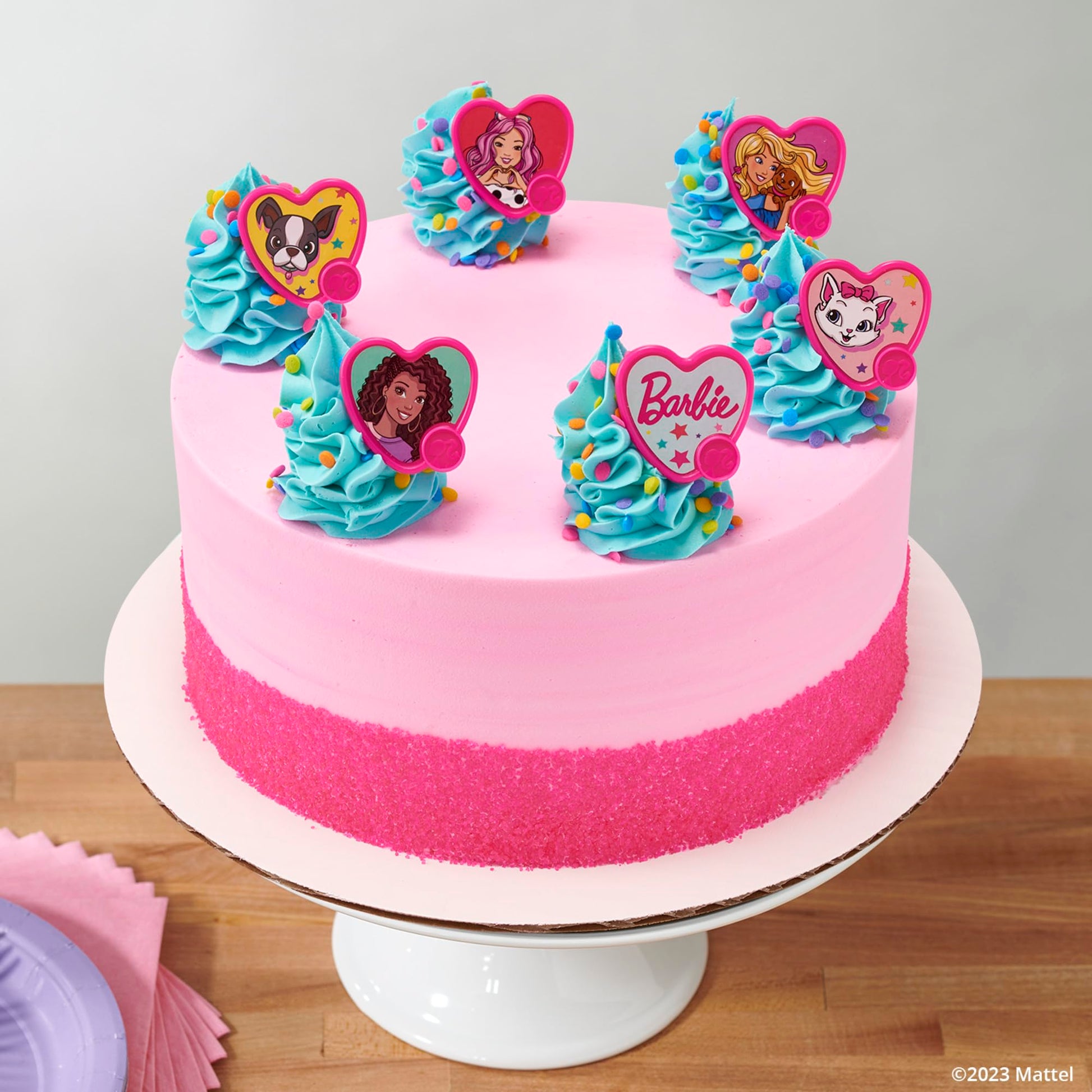 DecoPac Barbie Be The Future Rings, Pink Heart Shaped Cupcake Decorations Featuring Barbie and her Friends For Birthday Party And Celebrations - 24