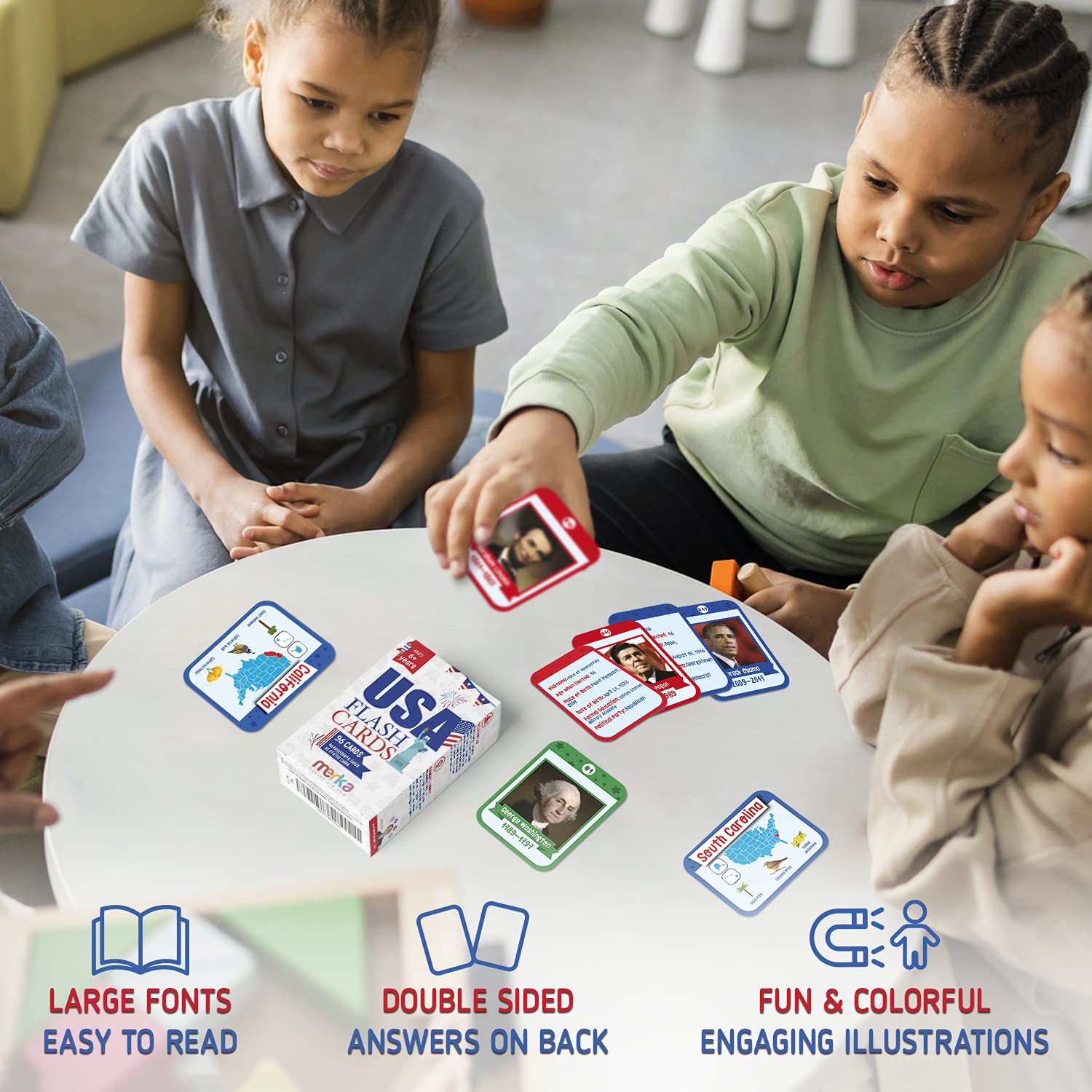 merka Flash Cards USA Set United States Presidents States Symbols Flags Facts Flashcards for Kids Ages 5-10 Picture Cards and Kids Learning Toys