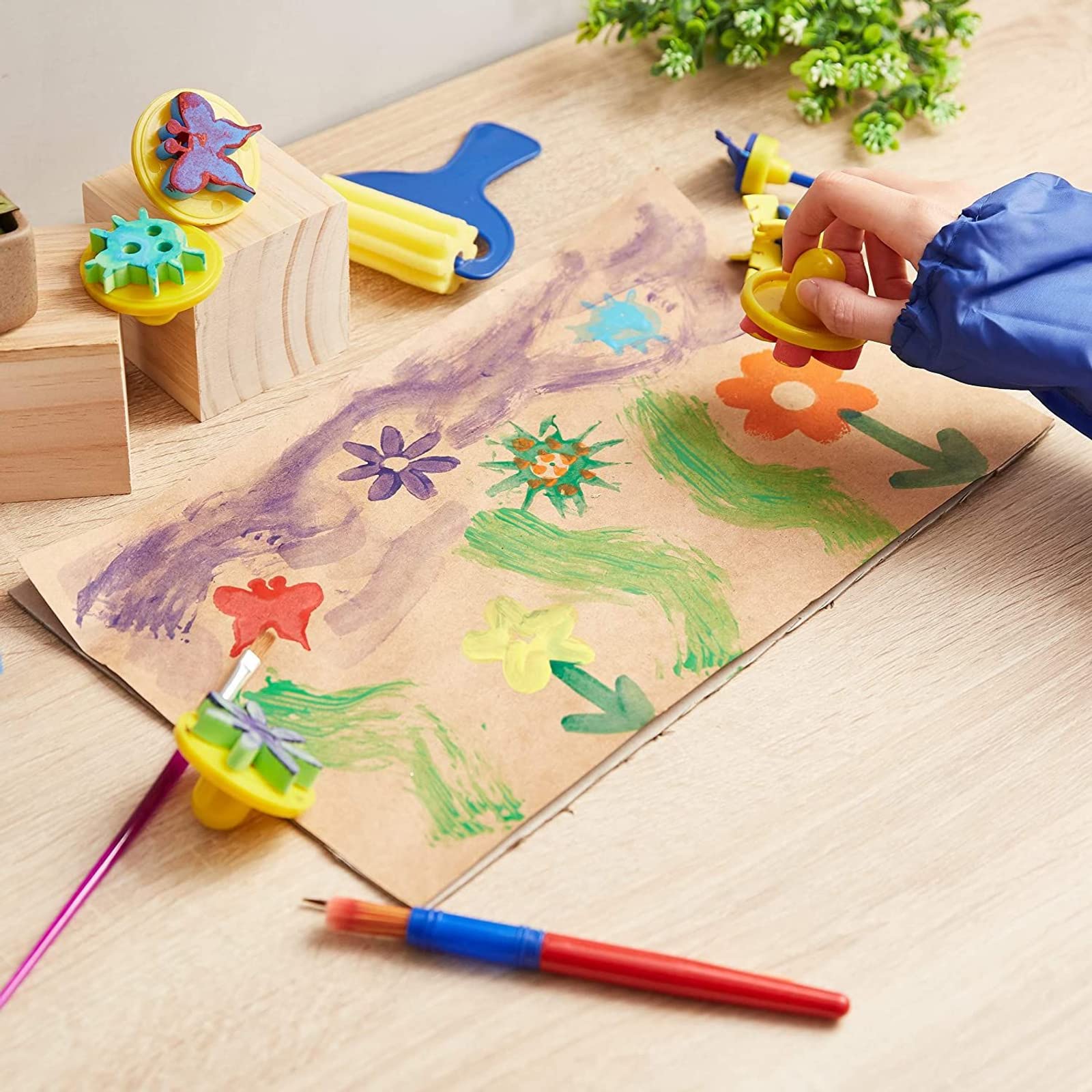 Imagine Studios Paint Brush Art Kit for Kids - 36-Piece, Transparent Foam - Foam Brushes, Rollers & Stamps Painting Set with Apron for Crafts & Art