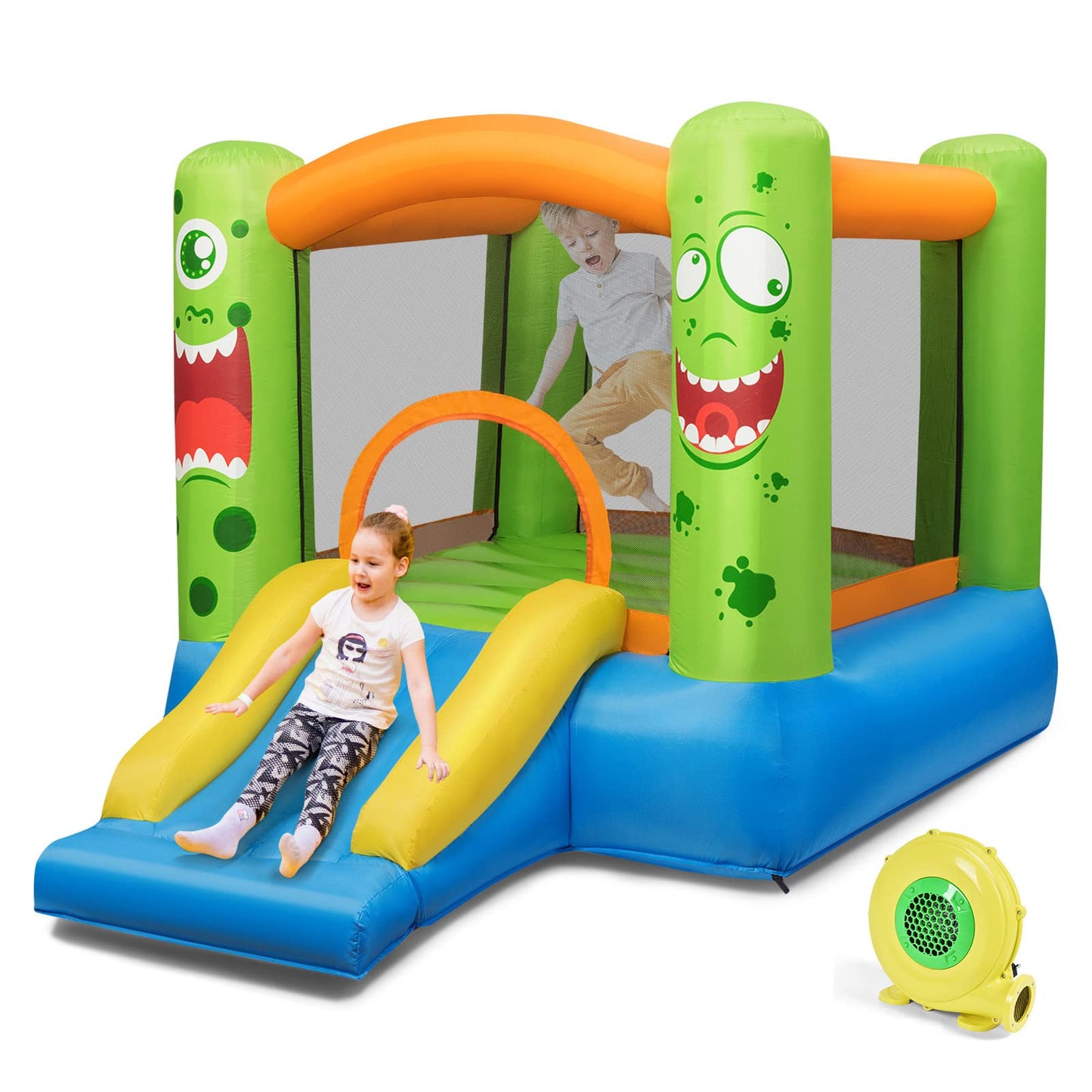 HONEY JOY Inflatable Bounce House, Blow up Moon Bounce for Kids w/Slide, Giant Jumpy Area, Ocean Ball Pit, Basketball Rim, Stakes, Jumping Bouncy