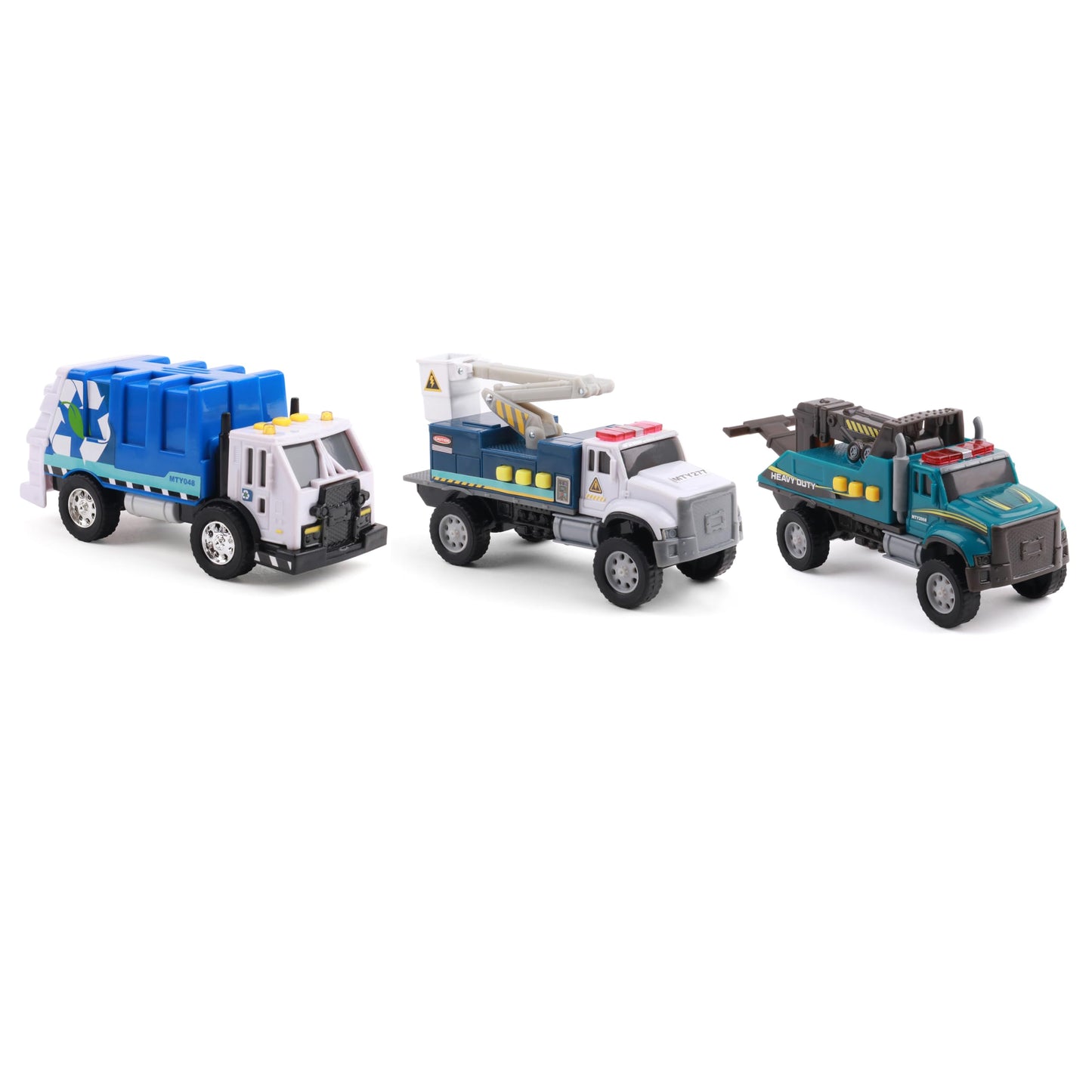 Mighty Fleet Toughest Minis 3 Pack, 5" Garbage Truck, Cherry Picker, Tow Truck Toy w/Lights & Sounds, Realistic Design & Batteries Included - Age 3+
