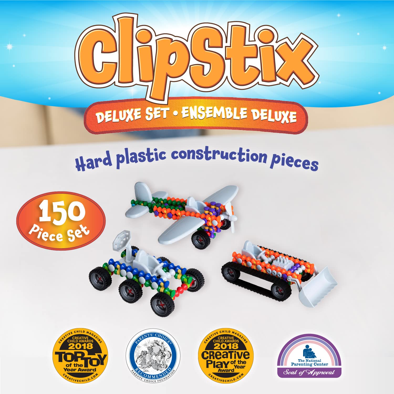 POPULAR PLAYTHINGS Clipstix Building Sticks Kit for Kids, Construction Stem Building Gift for Boys & Girls, Playstix - Deluxe 150 Piece