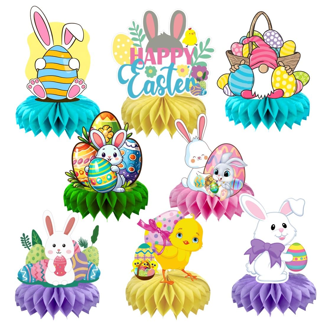 8Pcs Easter Honeycomb Table Centerpiece, Easter Birthday Party Supplies Table Decorations for Kids Party Decorations