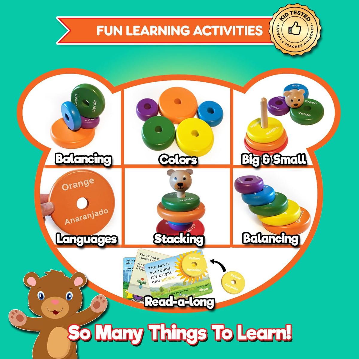 KIDS KORNER Baby Toys Wooden Stacking Rings - Bilingual Educational Toys for 2 Year Old | Learn Rainbow Colors in English & Spanish | Wood Building