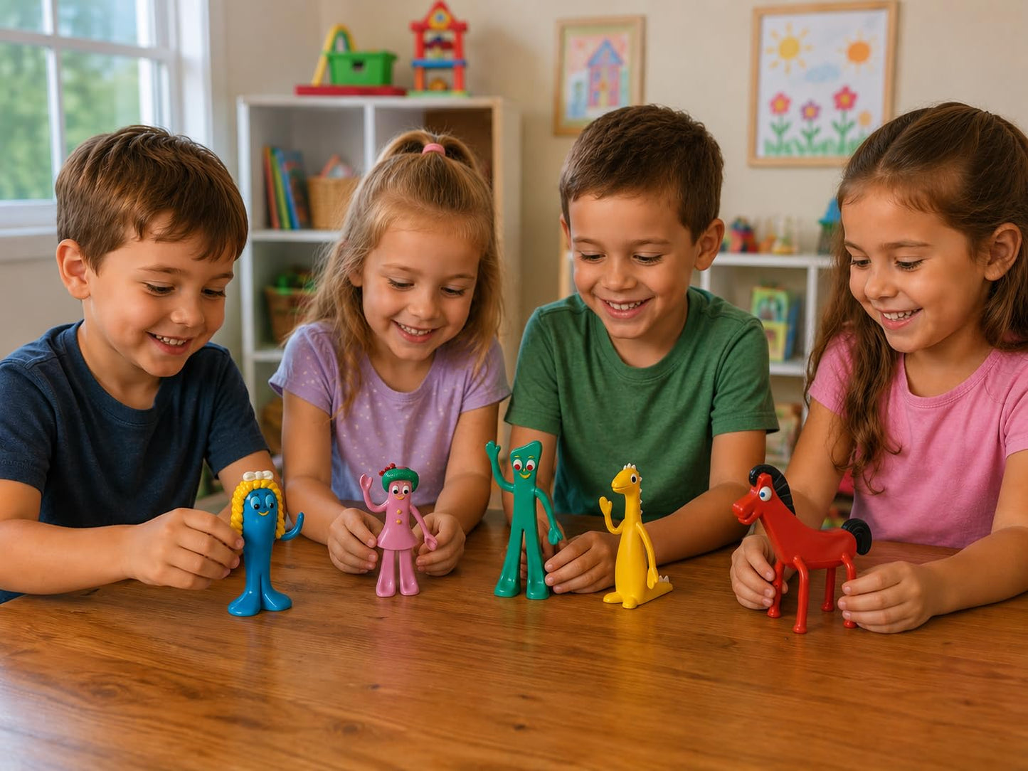 NJ Croce Gumby & Friends Bendable Action Figure Boxed Set Gumby, Pokey, Minga, Goo & Prickle Flexible and Poseable Classic Full Size Toy Set