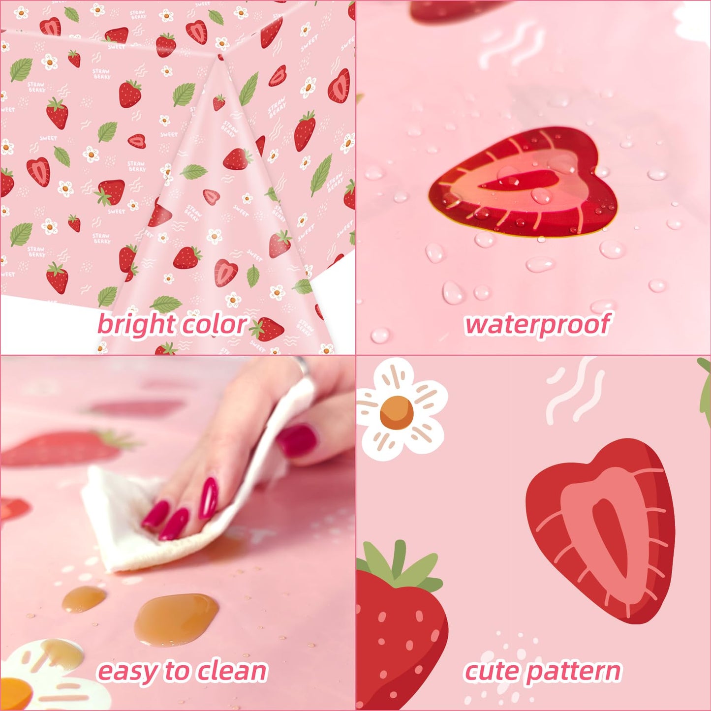 Ayearparty 4 Pack Strawberry Tablecloth Sweet One Birthday Table Cover Berry First Birthday Decorations Plastic Strawberry Theme Party Decor Party