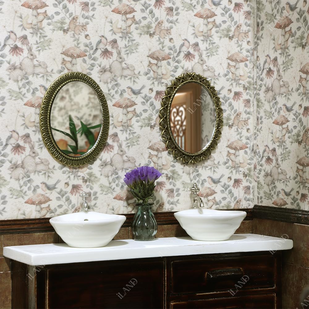 iLAND Dollhouse Mirrors, Miniatures Dollhouse Accessories on 1:12 Scale, Metal Framed Glass Mini Mirror w/Rose & Sunflower Patterns 2pcs