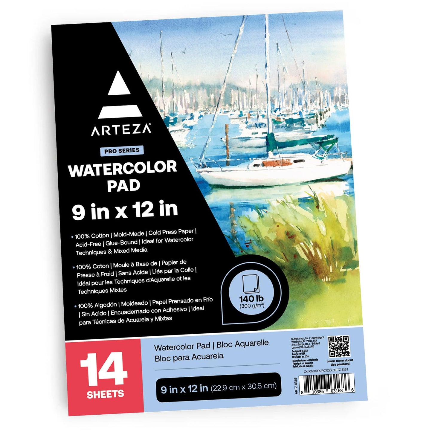 ARTEZA Watercolor Paper, 14 Sheets, 9x12 Inches Water Color Paper, 140lb/300gsm, 100% Cotton, Cold Press, Acid Free Art Paper