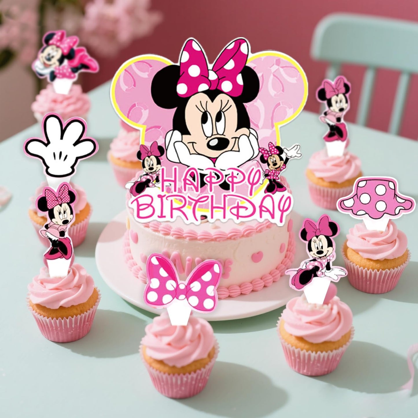 Pink Mouse Birthday Cake Topper for Girls, 25 Pcs Cute Mouse Cake Topper and Cupcake Toppers Set, Cartoon Themed Celebration Cake Decor, Perfect