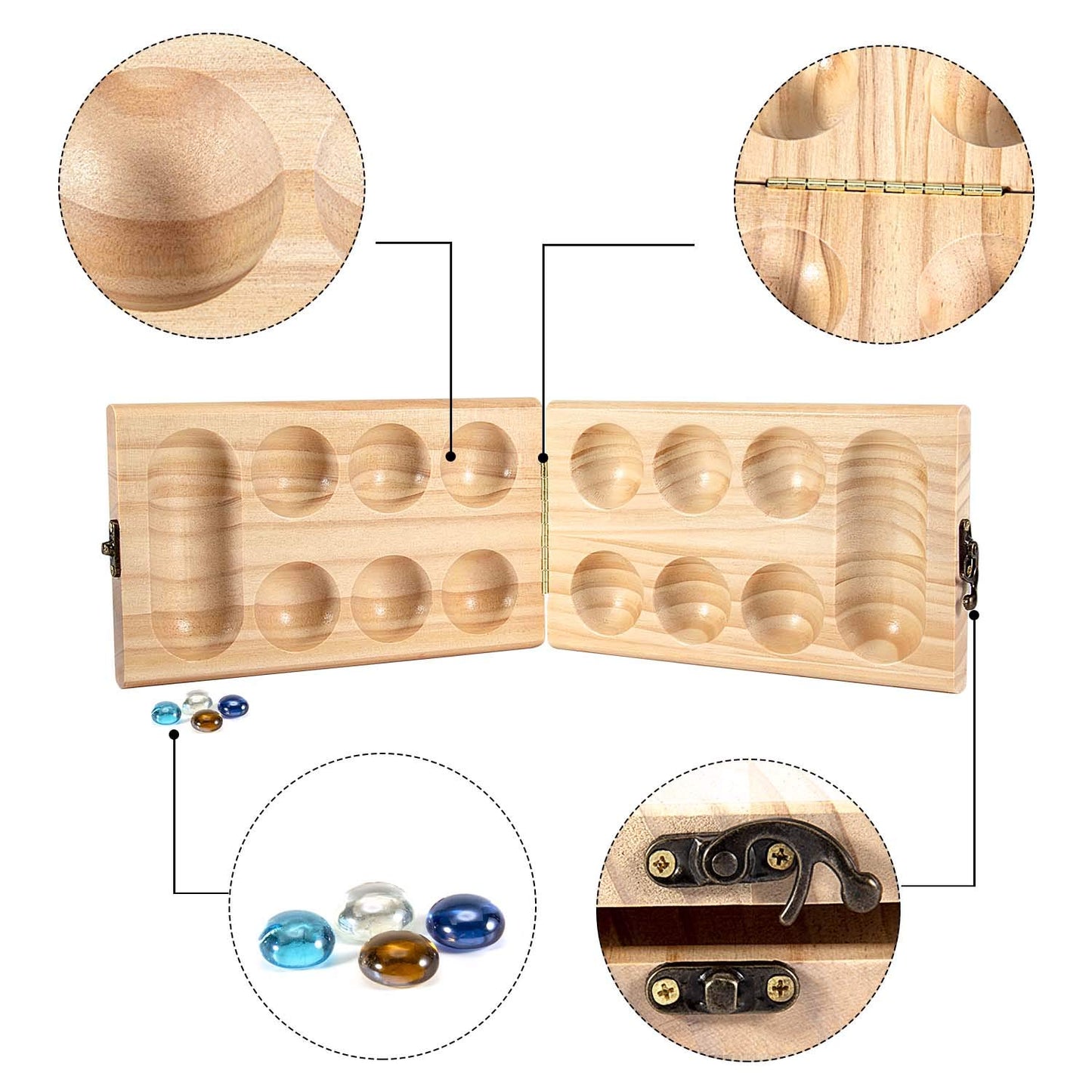 AMEROUS Wooden Mancala Board Game Set - Folding Board - Multi Color Glass Stones - Gift Package - Mancala Instructions, Portable Travel Board Game