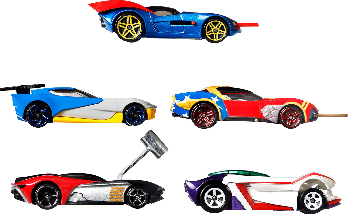 Hot Wheels Toy Cars 5-Pack, Set of 5 DC Character Cars in 1:64 Scale: Superman, Batman, Wonder Woman, The Joker GT & Harley Quinn
