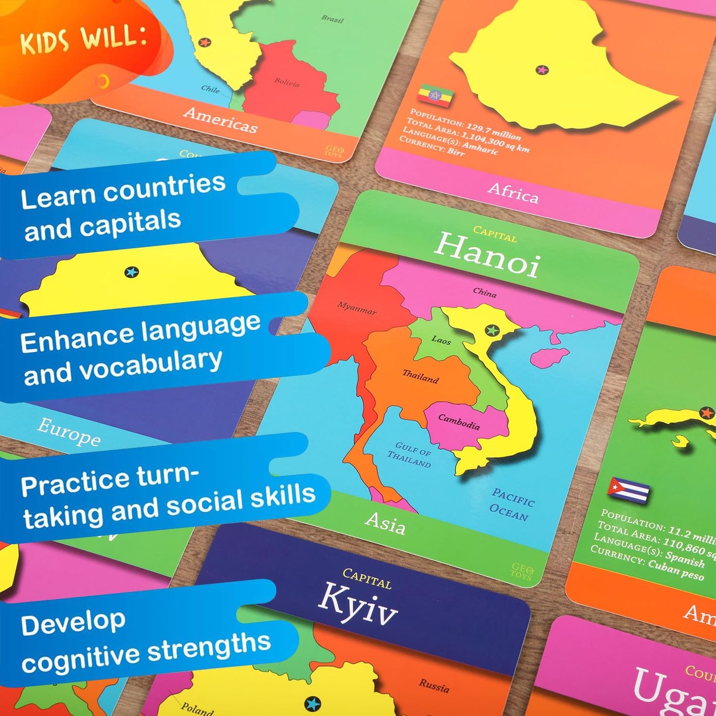 Geotoys GeoCards, World Flash Cards Geography Game, Kid Card Games for Families, Home, School & Travel - Countries and Capitals Flash Cards - Fun Kid