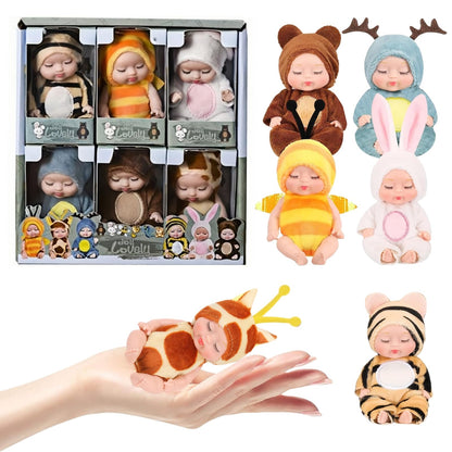 SwankyStyle 6 Pcs Mini Baby Dolls 4 Inch Gift Set, Cute Small Baby Doll Toys with Animal Clothes for Christmas Stockings, or Dollhouse Collections.