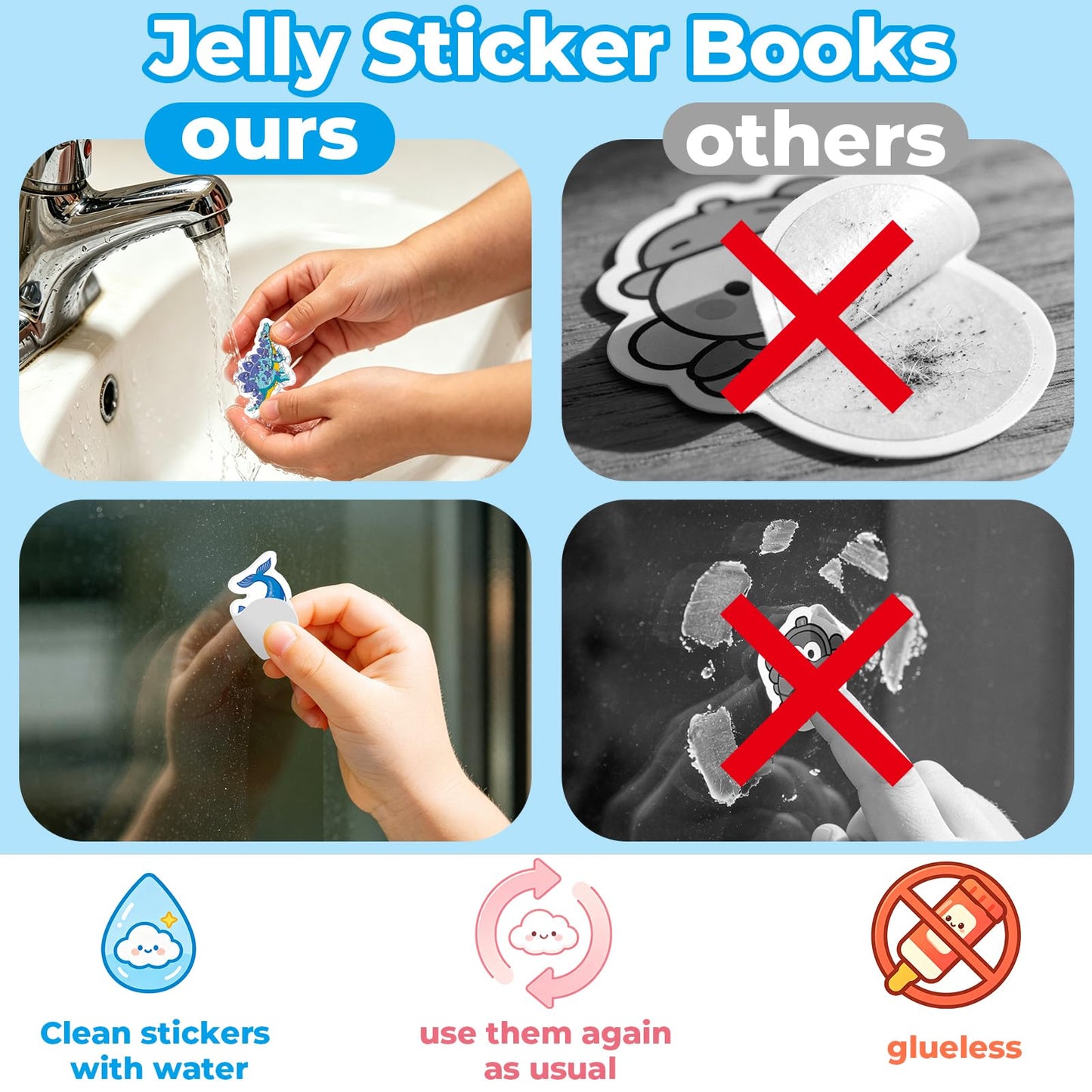 Kalysky 6Pack Reusable Sticker Books for Toddlers 1-3 2-4, Jelly Sticker Books for Kids, Cute Sticker Books for Toddlers 2-4 Years, Sticker Activity