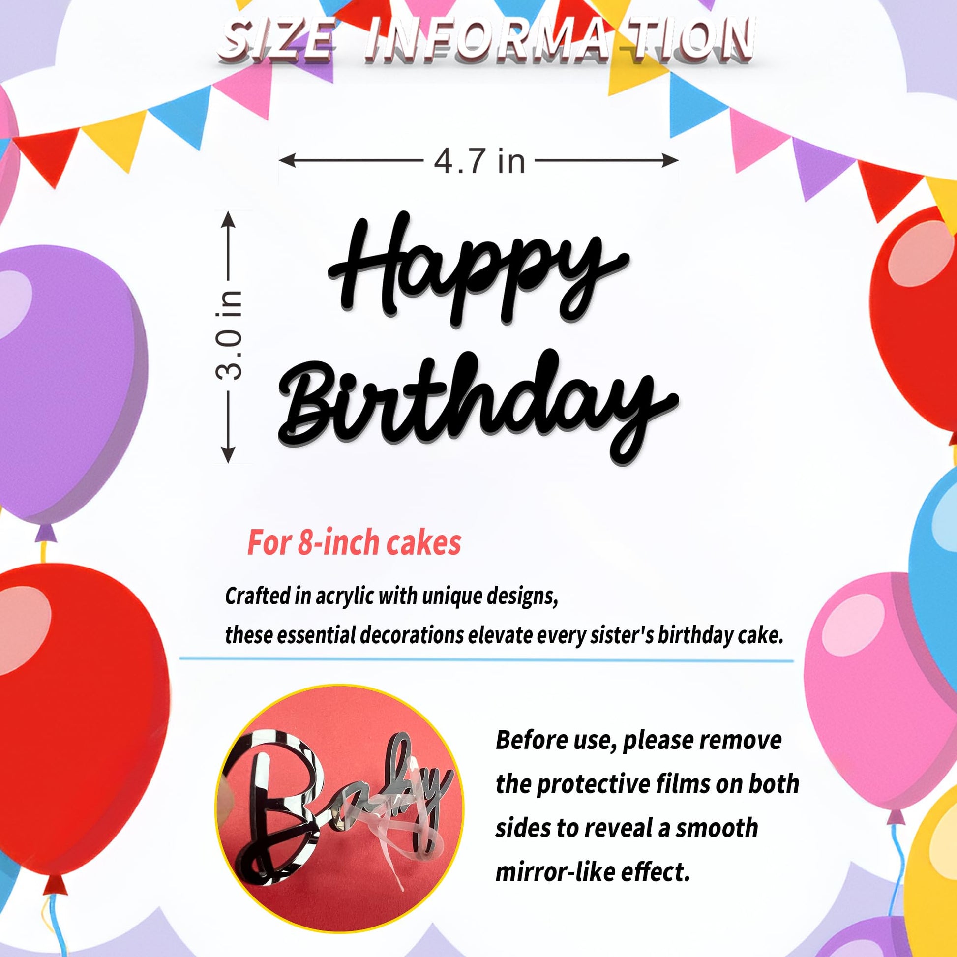 Happy Birthday Cake Topper, Black Acrylic Script Birthday Cake Decoration for Birthday Party, Cake Decor for Women Girls Dessert Table (happy