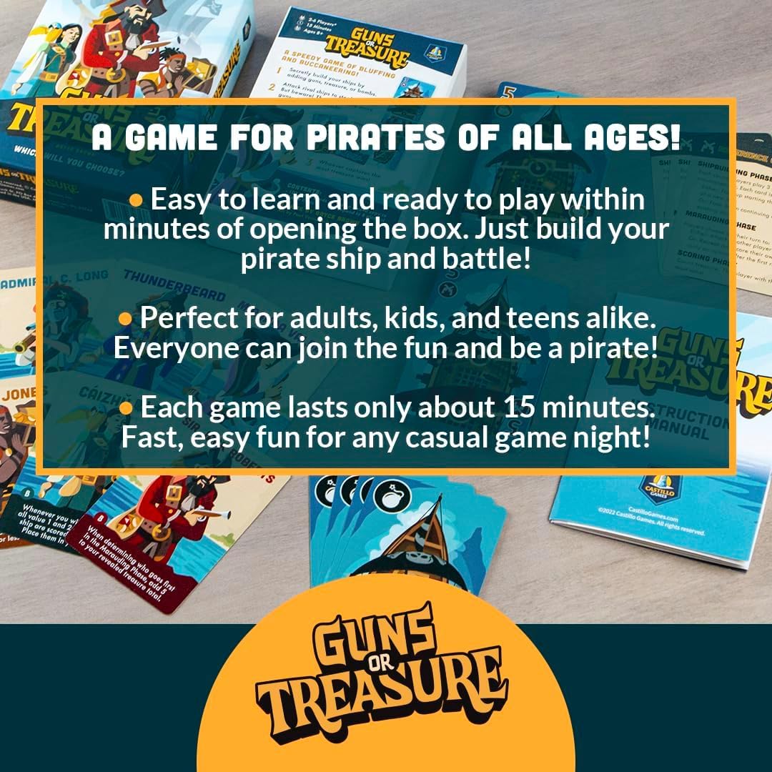 Guns or Treasure | 2-6 Players | Ages 8+ | Fast & Easy to Learn Pirate Party Card Game | Family Friendly Fun for Game Night | Perfect Board Game
