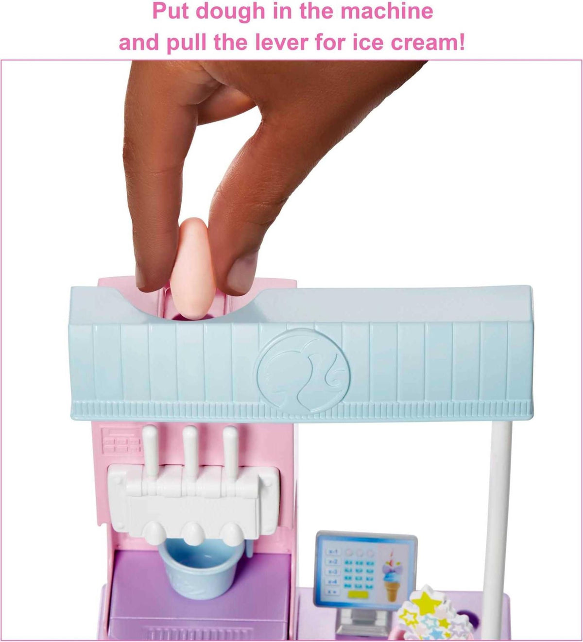 Barbie Ice Cream Shop Playset with 12-in Brunette Doll, Ice Cream Making Feature, 2 Dough Containers, 2 Bowls, 2 Cones, 3 Decorative Toppers, 2 Spoons