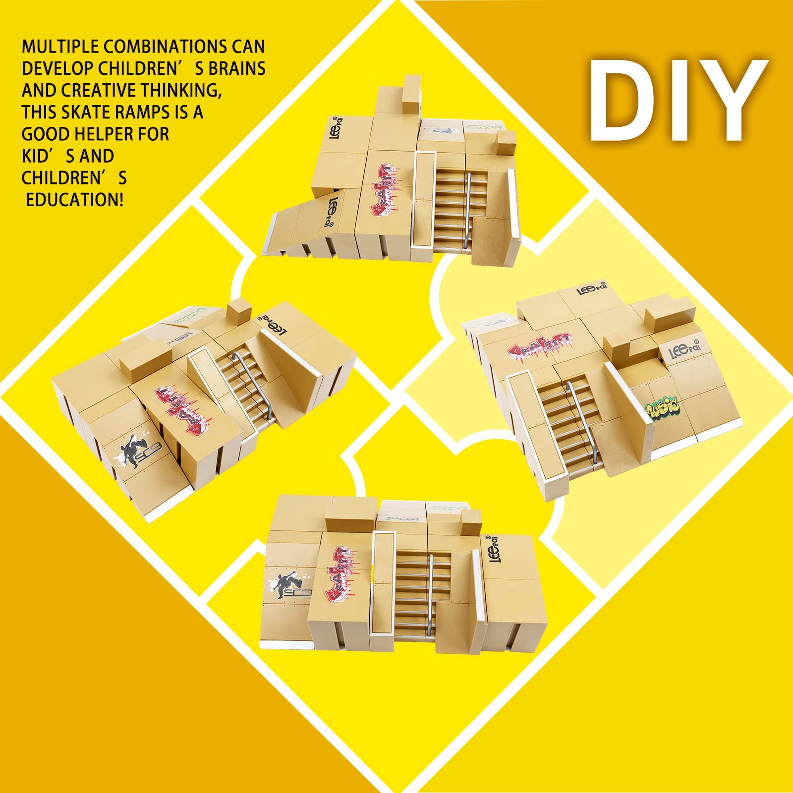 Fingerboard Skate Park Toys, 8 Skatepark Deck Ramp for Finger Skateboard Park Kit Part Training Props with 4 Finger Decks 2 Finger Bike 1 Pair Skates