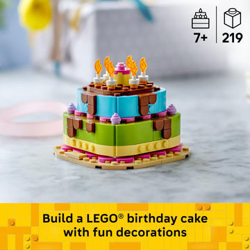 LEGO Birthday Party Cake - Building Toy for Boys & Girls, Ages 7+ - Birthday Decoration with 10 Candle Accessories - Craft for Kids - 40815