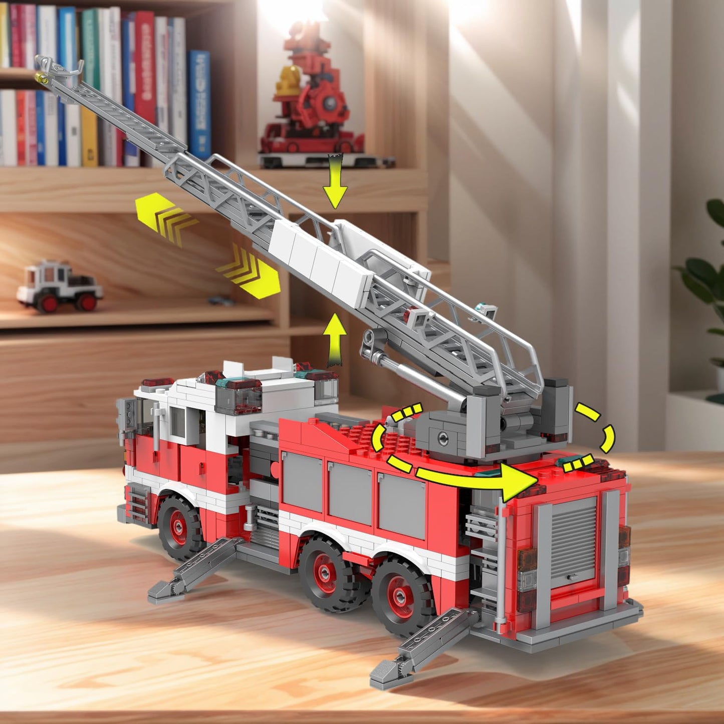 Light-Up Ladder Fire Truck Building Set - 720PCS STEM Toys for Kids & Adults, City Firetruck Building Bricks with Flashing Lights, Ideas Creative Gift