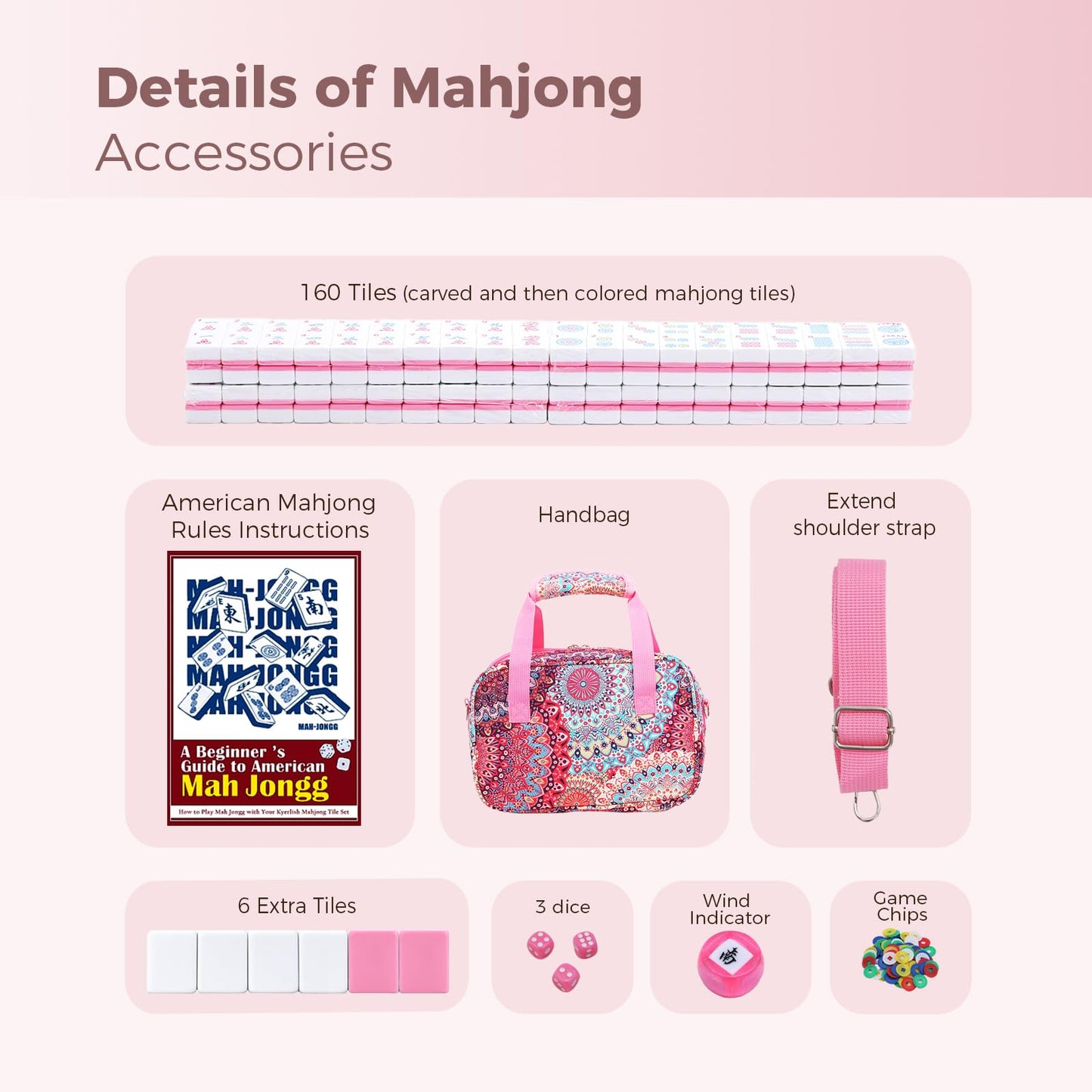 Kyerlish American Mahjong Tile Set with Printed Handbag, 166 Premium Pink Tile and Accessories, Portable and Stylish Mahjong Set, Mahjong Game Set