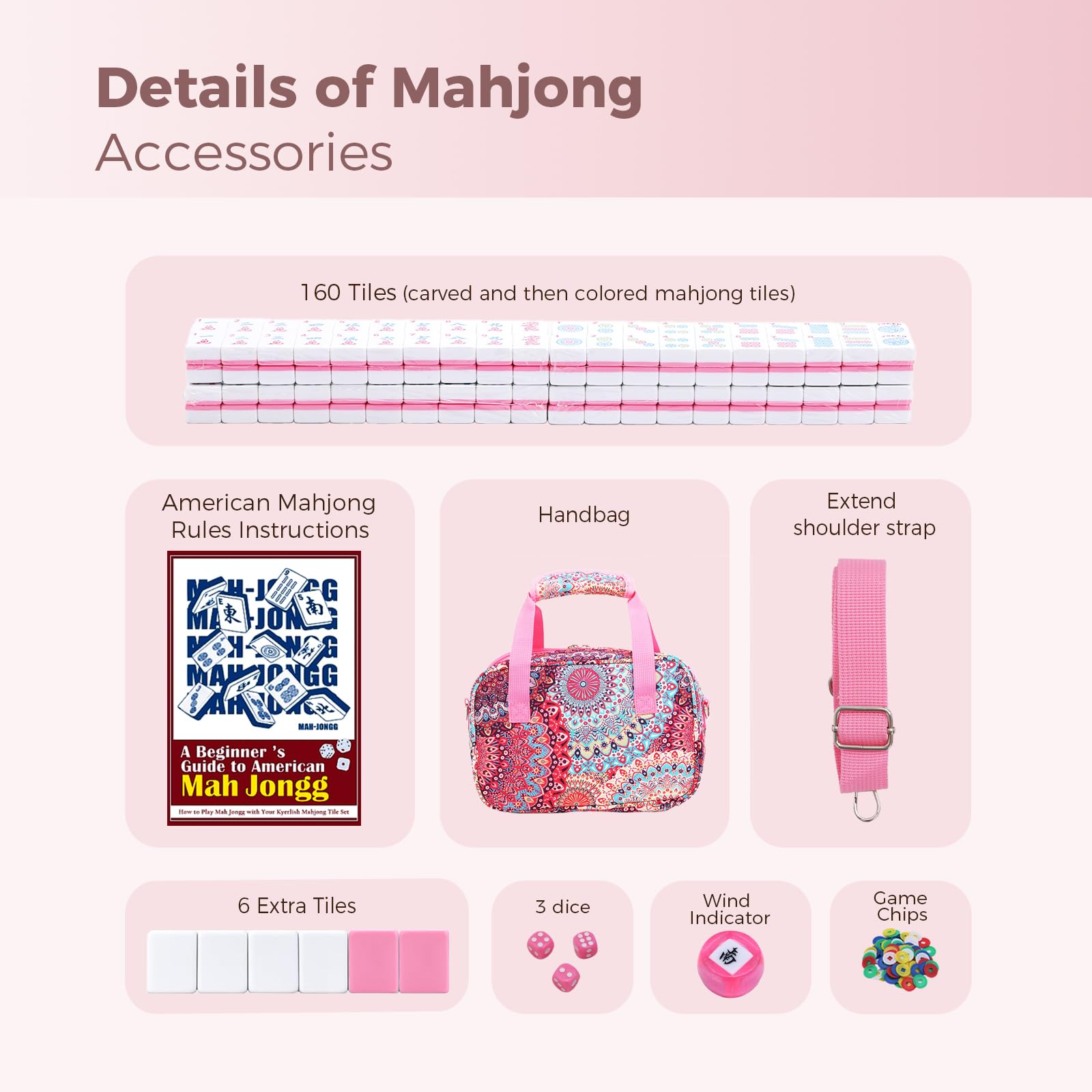 Kyerlish American Mahjong Tile Set with Printed Handbag, 166 Premium Pink Tile and Accessories, Portable and Stylish Mahjong Set, Mahjong Game Set