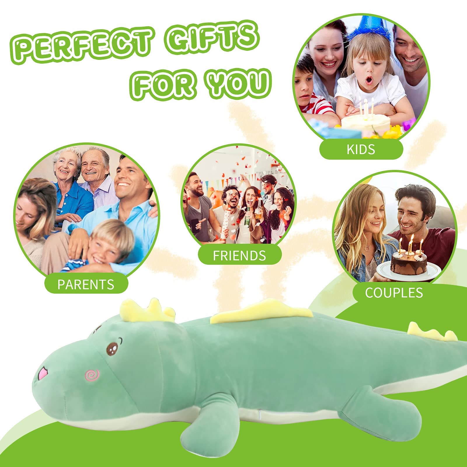 Tianmihou 52 Inch Giant Dinosaur Plush Pillow, Jumbo Green Dinosaur Stuffed Animal, Soft Long Dino Body Pillow for Kids Boys Girls, Huge Dinosaur