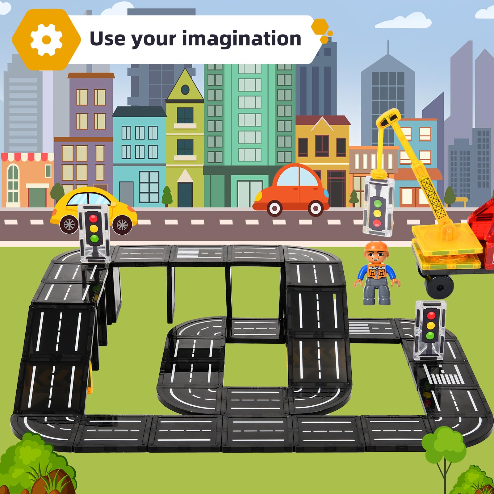 Aukit Magnetic Tiles Road Expansion Pack, Magnetic Building Blocks Construction Toys for 3+Year Old Boys Girls, Kids Toy Montessori Toys for Toddler.