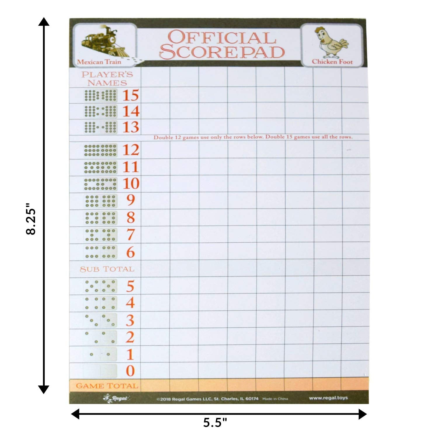 Regal Games Mexican Train Score Pads & Chicken Foot Dominoes Game for Adults - Ideal for Family Fun Game Night and Travel - 100 Sheets (8.25" x 5.5")