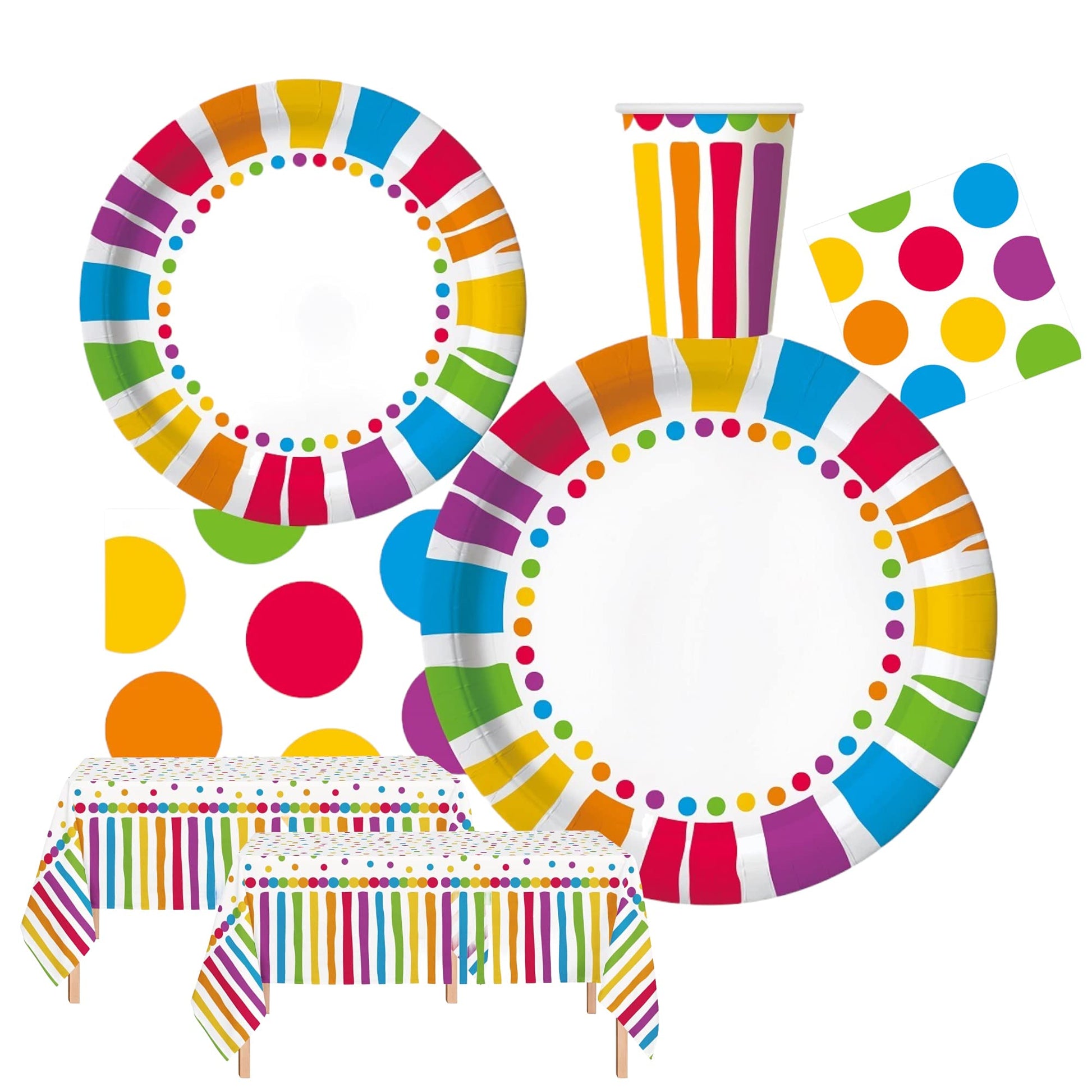 Oojami Rainbow Party Supplies Set - Serves 30 Guests Disposable Paper Plates, Cups & Napkins Colorful Birthday, Kids Party & Celebration Tableware