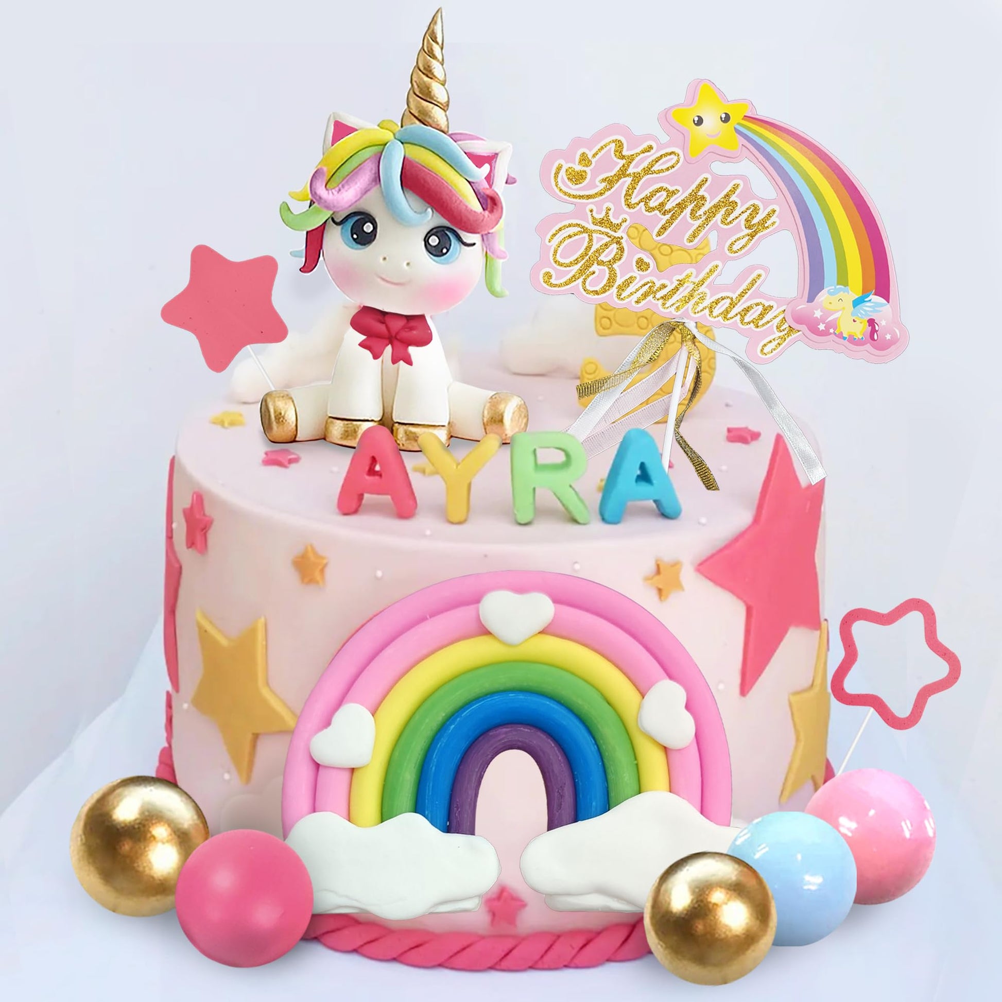 29 PCS Unicorn Cake Topper, Unicorn Rainbow Cake Decorations with Rainbow Stars Unicorn Balls Happy Birthday Cake Decorations for Boys Girls Kids