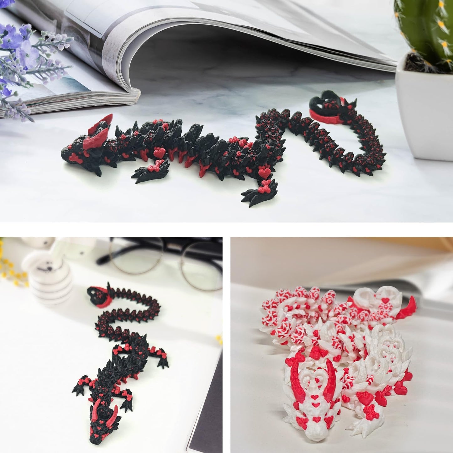 2PCS 3D Printed Dragon with Heart Design - 12.7 Inches Light and Dark Heart Themed Articulating Dragons, Rotating Hearts Tail - Perfect Home Decor or