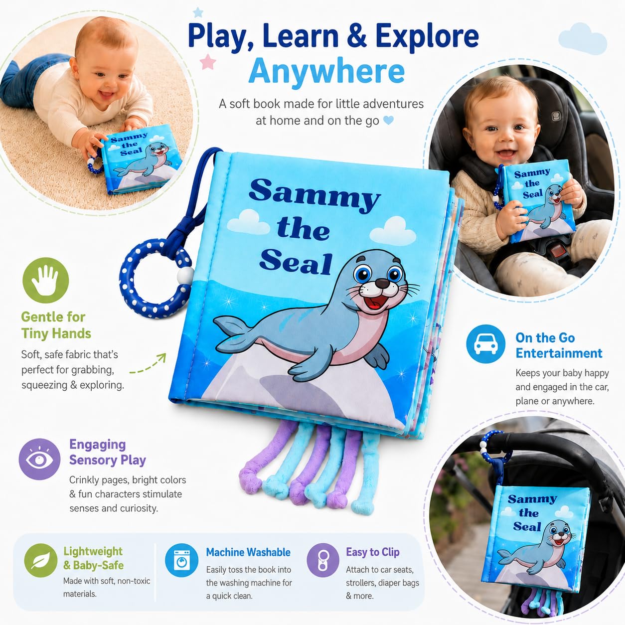 Soft Crinkle Cloth Book for Babies 0-18 Months - High Contrast Sensory Story Book with Teether, Mirror & Textures, Newborn Tummy Time Toy, Baby Shower