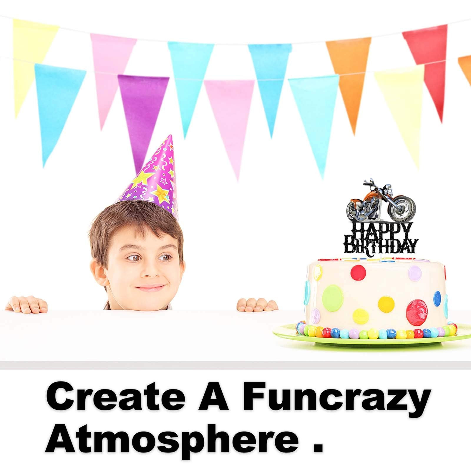 Happy Birthday Cake Topper Motorbike Theme Kids Party Decor Picks for Motorcycle Rider Racing Decorations Supplies Black