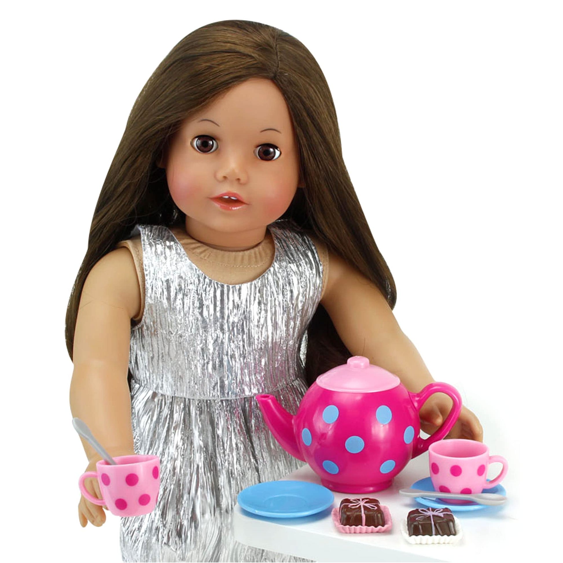 Sophia's 17 Piece Polka Dot Tea Set with Tea Pot and Cups Plus Four Detailed Petit Four Cakes for 18 Inch Dolls, Pink/Blue