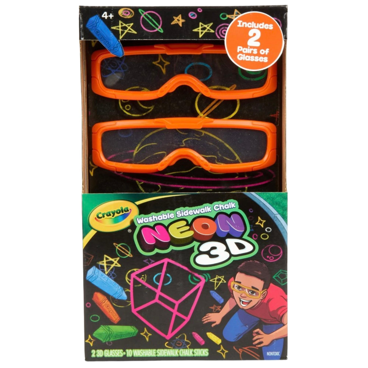 Crayola Neon 3D Washable Sidewalk Chalk Set, 10 Chalk Sticks with 2 Pairs of 3D Glasses, Ages 4+