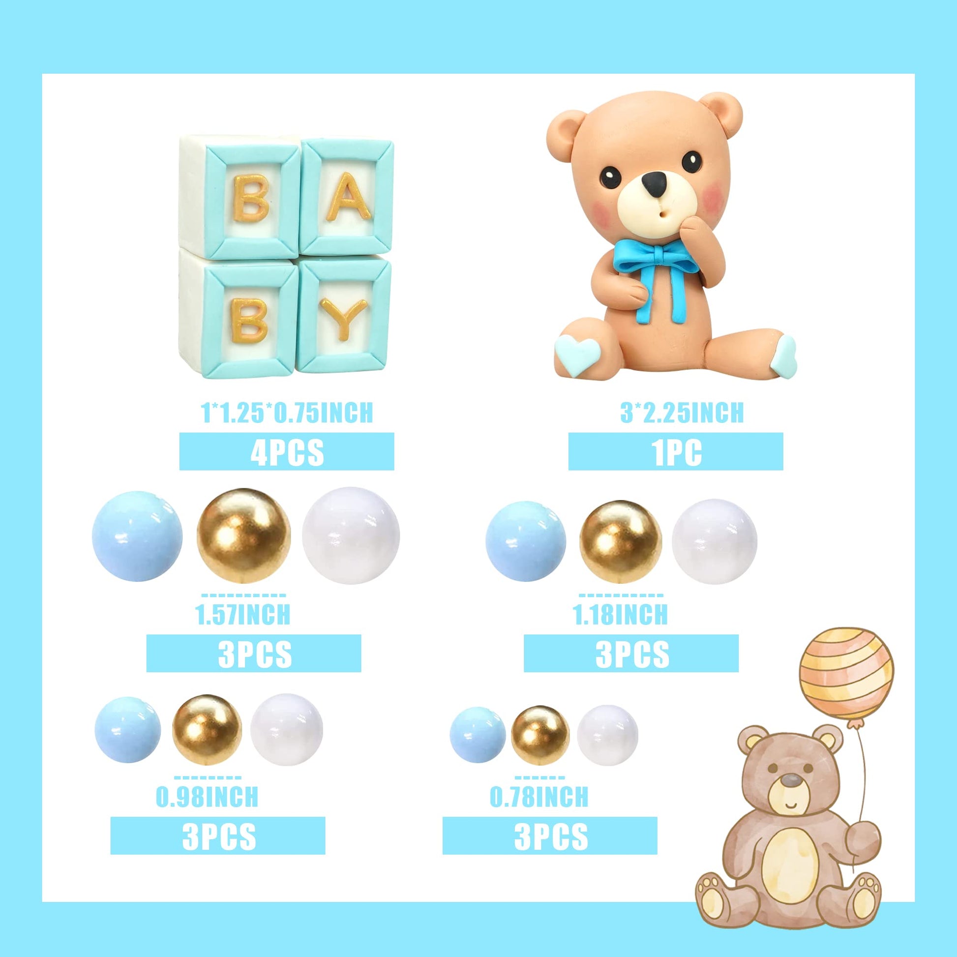 Bear Cake Toppers Mini Bear Cake Decorations Blue Letter Cake Toppers Gold Blue White Pearl Ball for Bear Theme Birthday Supplies (Blue Baby)