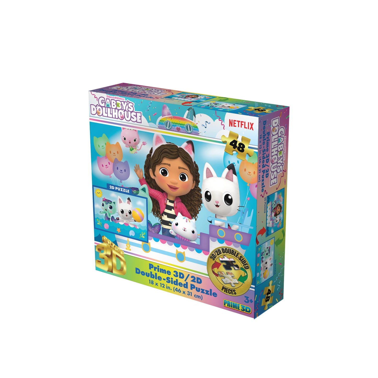 Prime 3D Gabby’s Dollhouse Double-Sided Puzzle - 48 Piece 3D/2D Lenticular Jigsaw Game for Kids Age 3+, 12"x18" Activity with Motion, Official