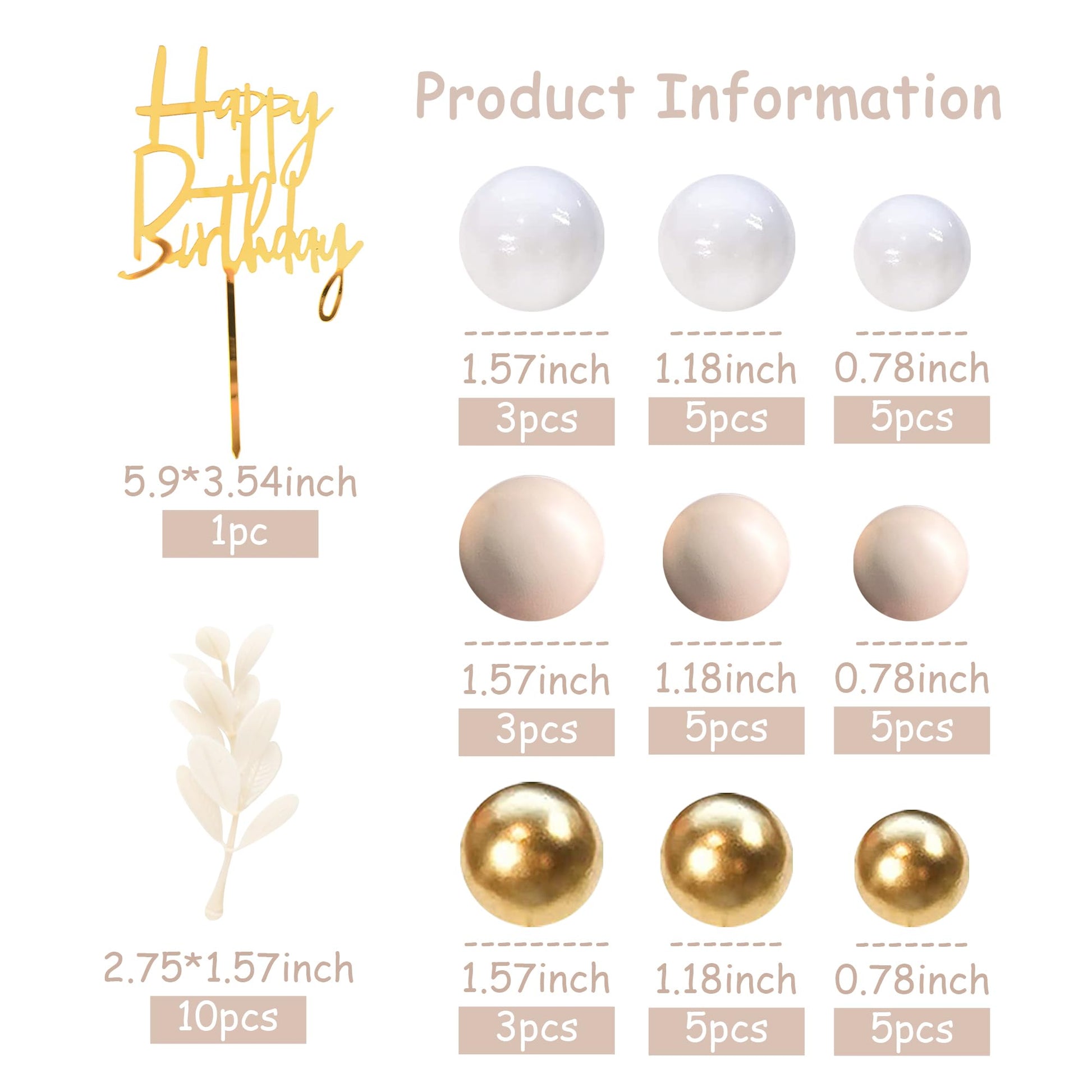 Khaki Balls Cake Topper Boho Grass Cake topper Khaki White Gold Pearl Balls Happy Birthday Cake Decorations for Wedding Birthday Boho Themed Supplies