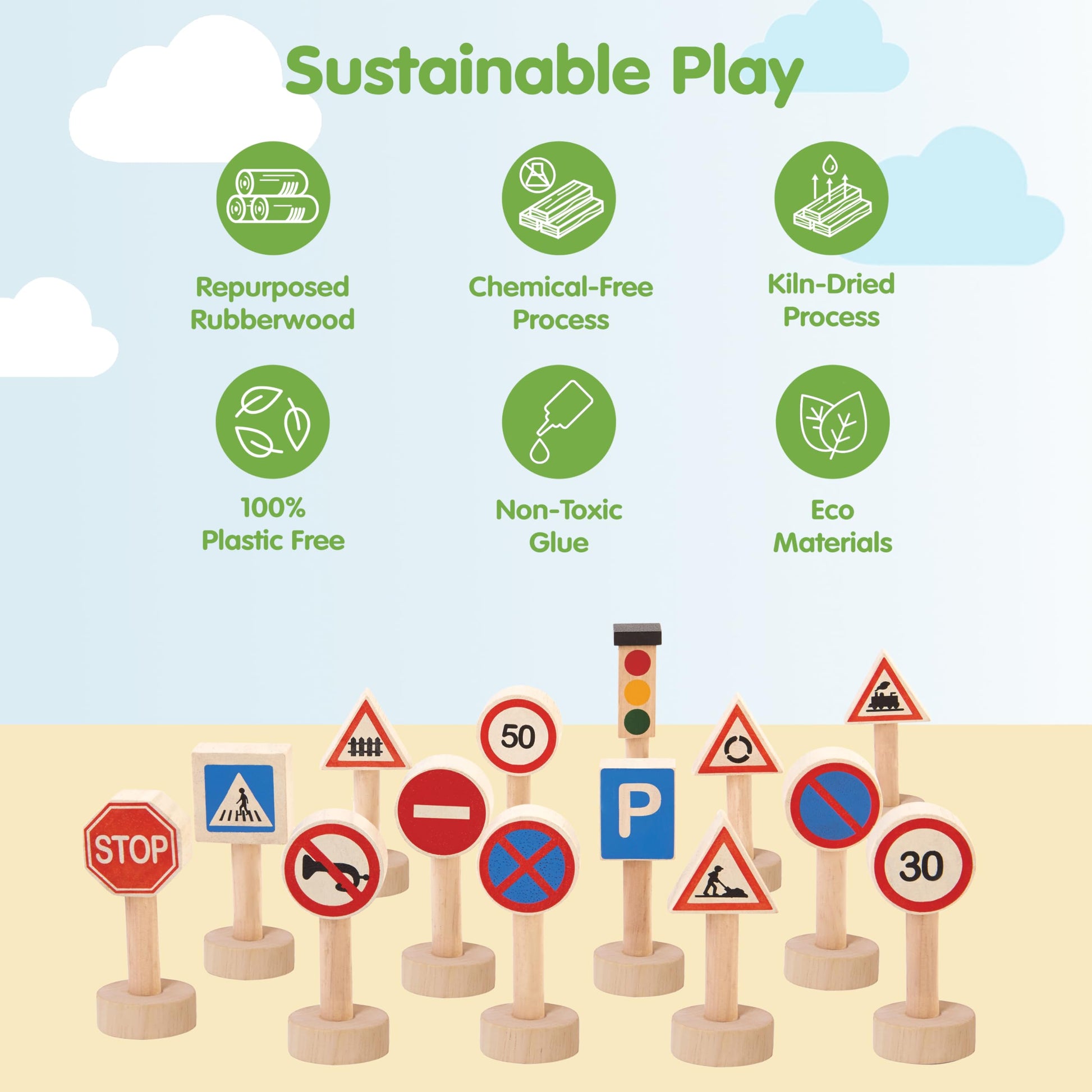 PlanToys® Traffic Signs & Lights Wooden Montessori Imaginative Play Set | Early Language, Social Skills and Real-World Awareness Activity | Eco