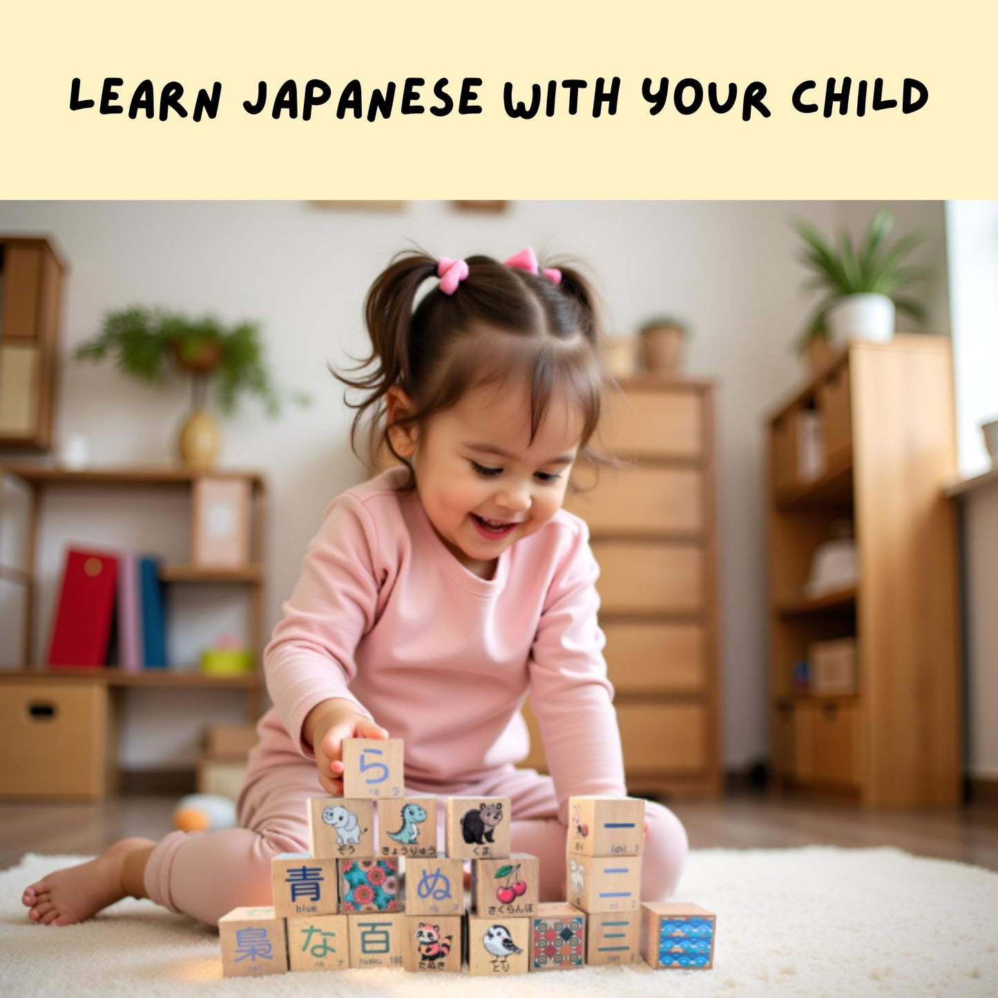 Tot Dojo Japanese Wooden Block Set (46 pcs) for Toddlers & Kids - Hiragana, Katakana, Kanji, Romaji - Animals, Numbers, Colors, Foods, Shapes - Solid