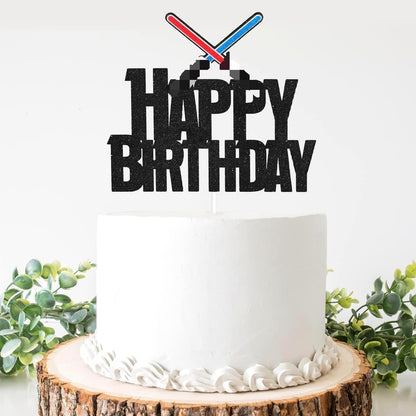 Laser Sword Happy Birthday Cake Topper - Space Themed Happy Birthday Cake Topper - Glowing Sword Birthday Party Decorations For Boys
