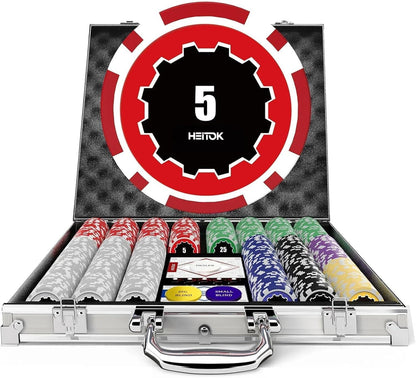 HEITOK Casino Poker Set with Numbered Chips 500-Piece for Card Board Game, 11.5g with Playing Cards Waterproof for Texas Hold'em, Blackjack Gambling