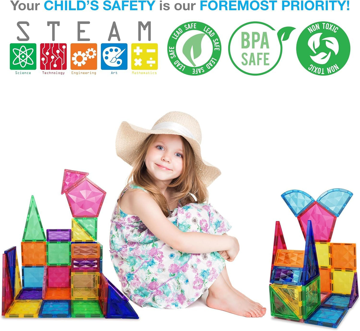 PicassoTiles Magnetic Tiles Building Block Construction Toy Set Prism Magnet Tile Blocks STEM STEAM Learning Kit Early Education Builder Playset Toys