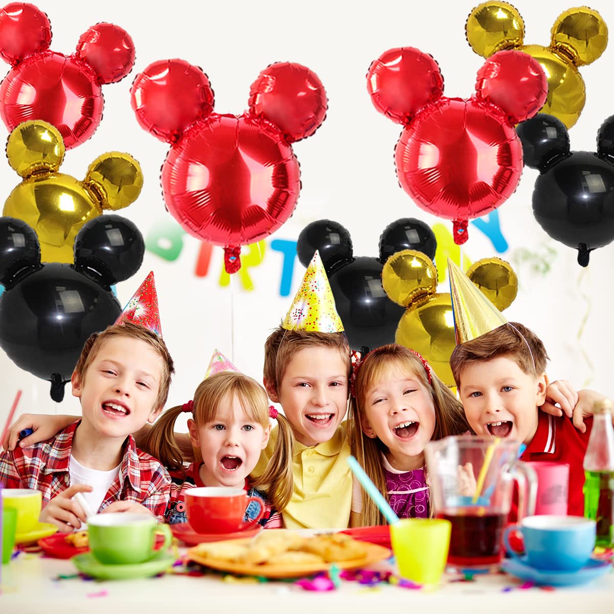 9Pack Mouse Party Foil Balloons, 27” Black Red Yellow Balloons for Cartoon Mouse Party, Baby Shower, Kids Birthday Theme Party Decoration Supplies